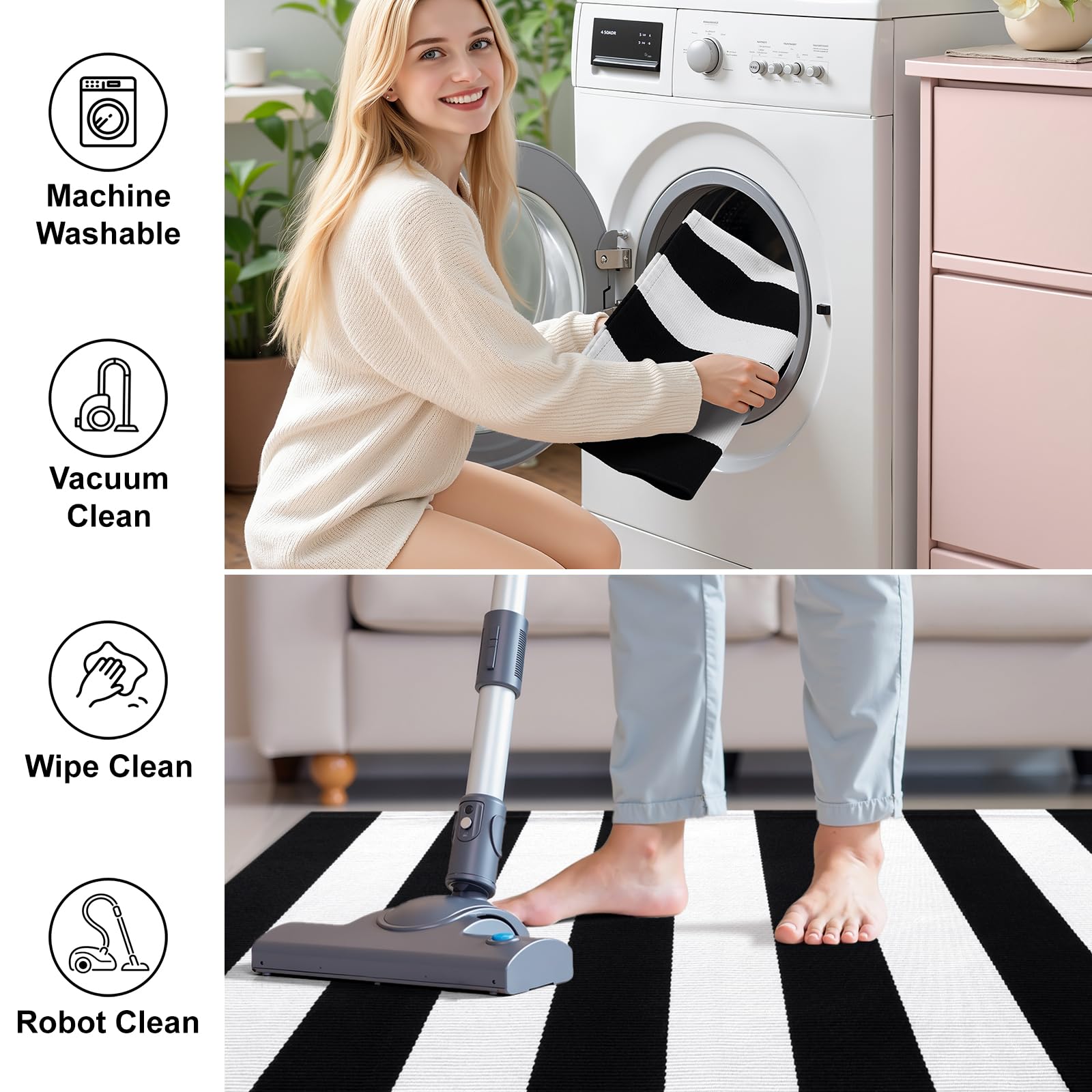 OLANLY Black and White Striped Rug 2'4" x 3'7" (27.5" x 43") – Washable Cotton Indoor Outdoor Doormat for Front Door, Entryway, Kitchen, Porch, Patio Decor
