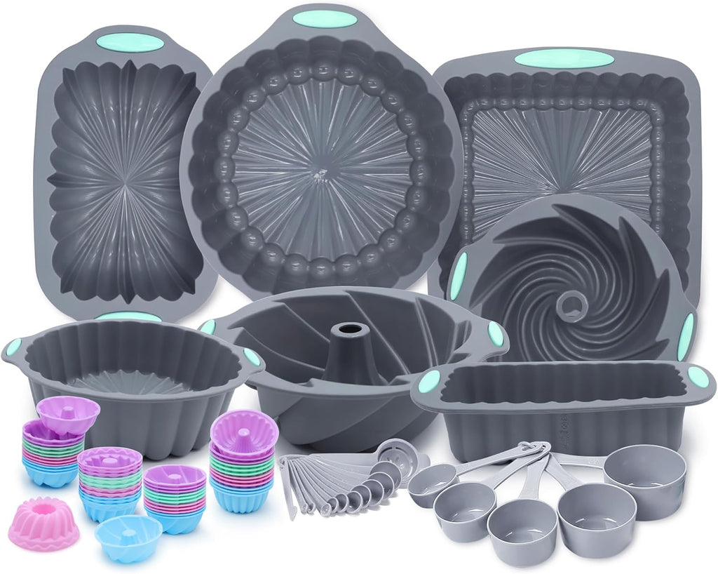 Tongjude Silicone Bakeware Set - 72 Pieces Nonstick Kitchen Baking Pans with Easy Release | Grey