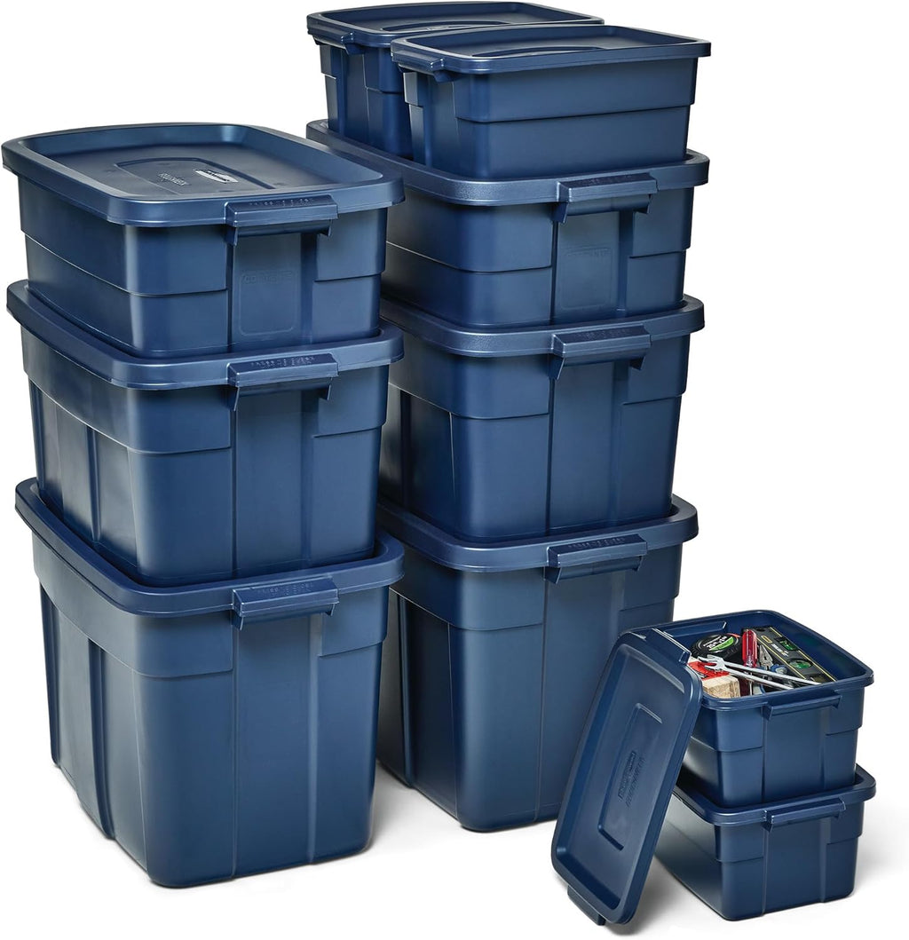 Rubbermaid Roughneck Tote - Durable Dark Indigo Metallic Storage Bins with Lids & Handles | Pack of 10