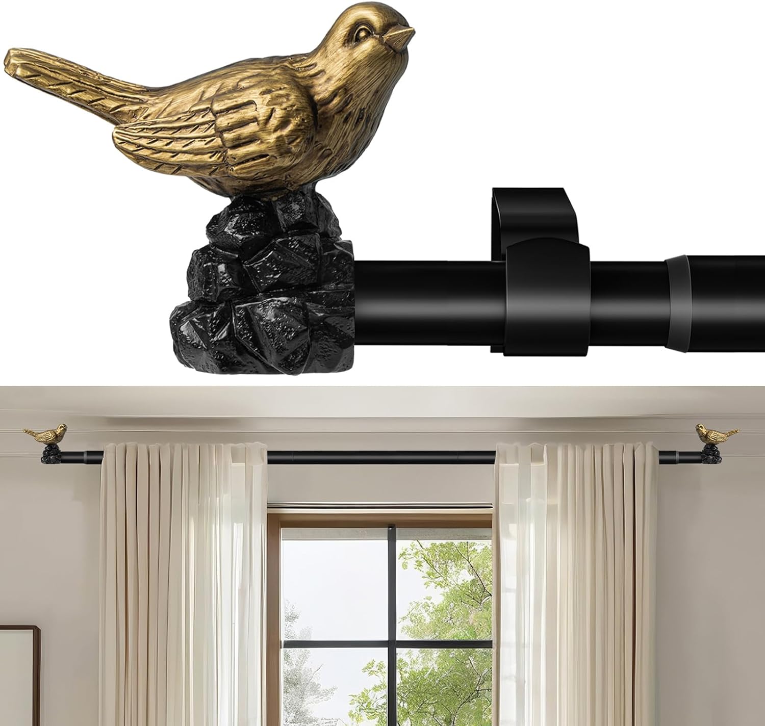 Vintage Black Curtain Rod - Adjustable 18 to 45 Inches | Heavy-Duty Drapery Rod with Gold Bird Finials
