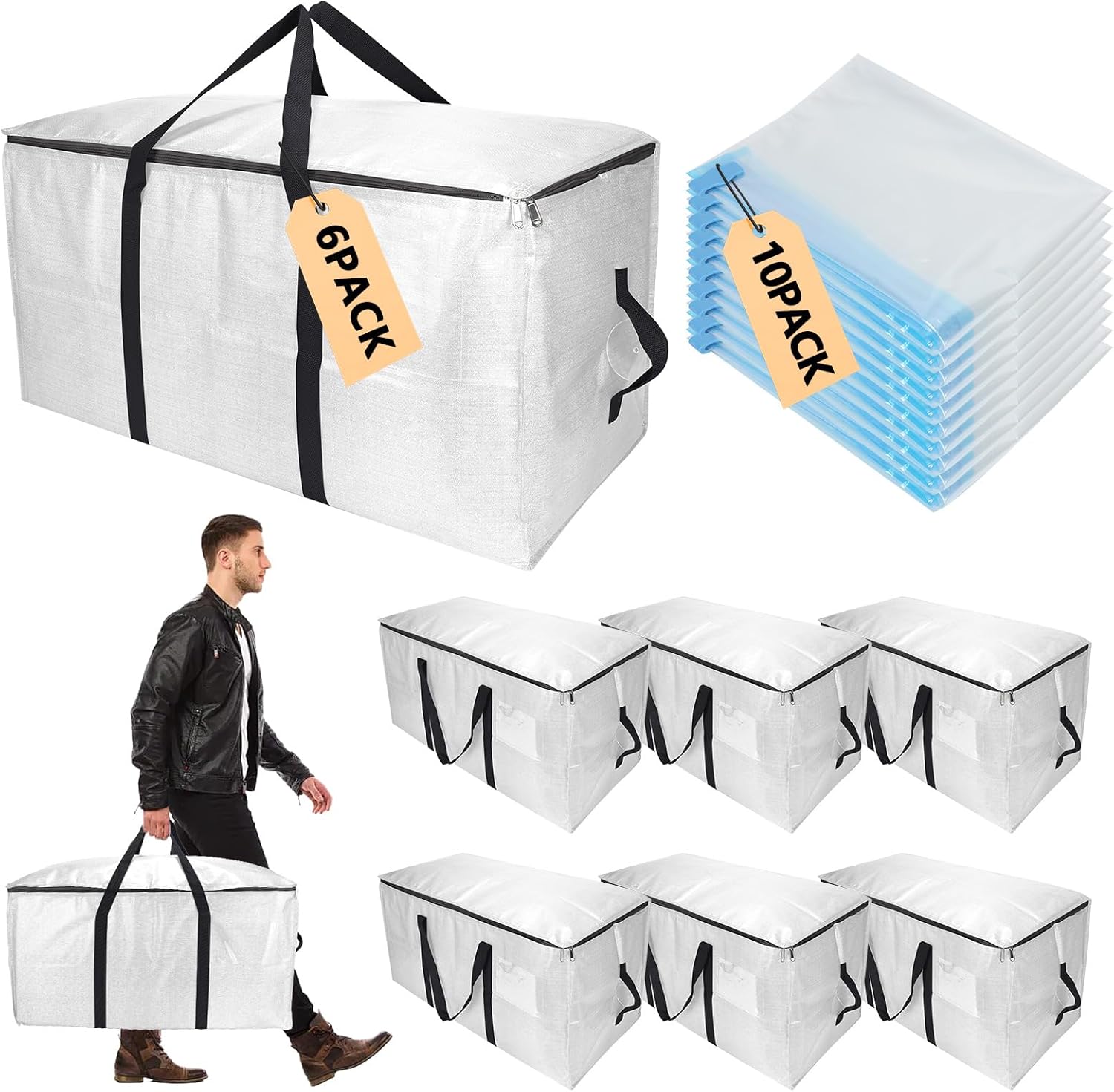 Skiennix Extra Large Storage Bags Set - Heavy Duty Waterproof Moving Totes with Handles | 6 Bags & 10 Vacuum Seal Bags