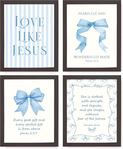 LARTSFRO Coquette Blue Bow Wall Art Decor - Inspirational Bible Verses | Set of 4, 10x8 Inch for Teen Girls