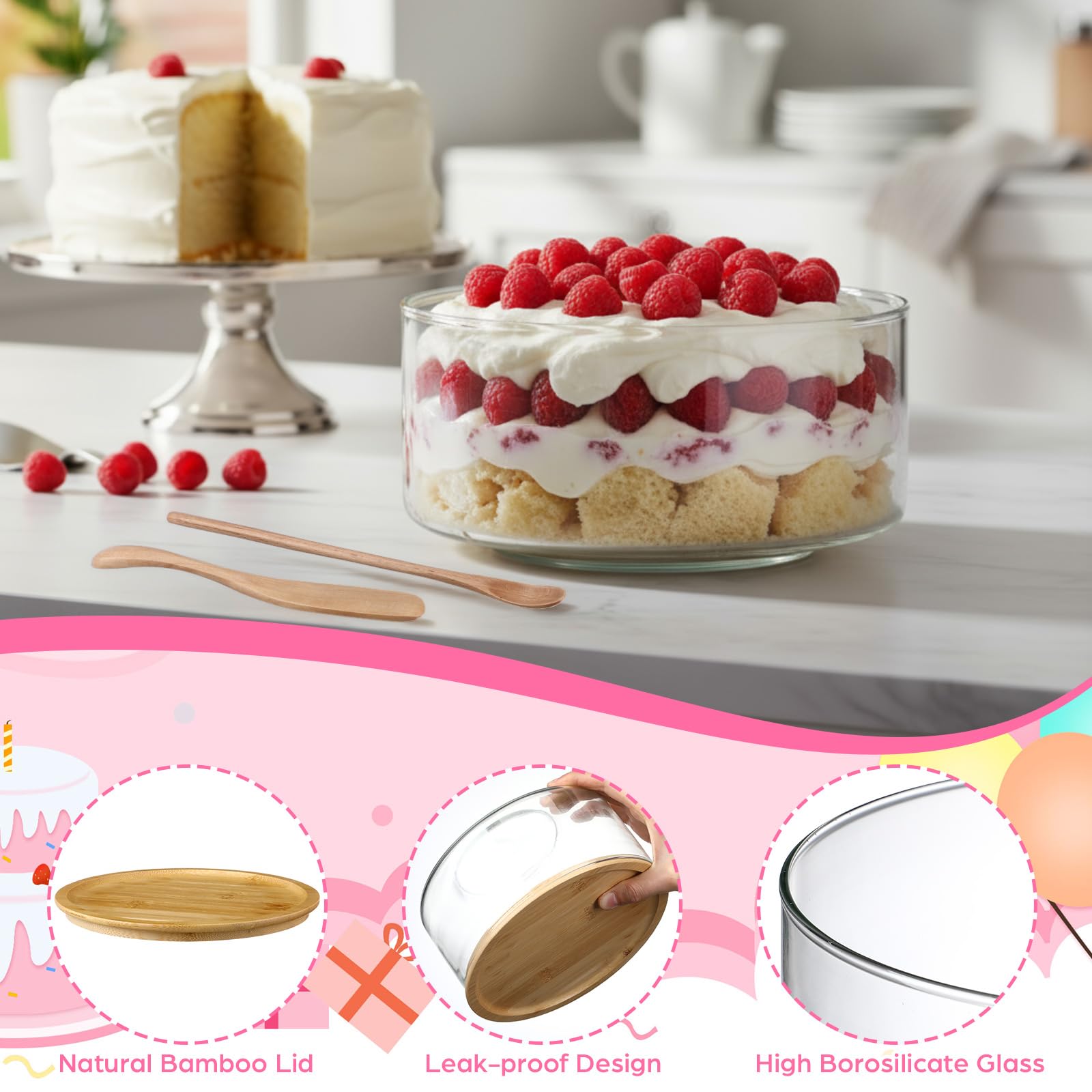 Qinyoung 2 Pack Large Trifle Bowls with Lids 9 Inch and 6.9 Inch Clear Glass Large Salad Bowl for Cake, Baking, Dessert, Fruit and Party DIY with 5 Pcs Wood Serving Utensils, Microwave Dishwasher Safe