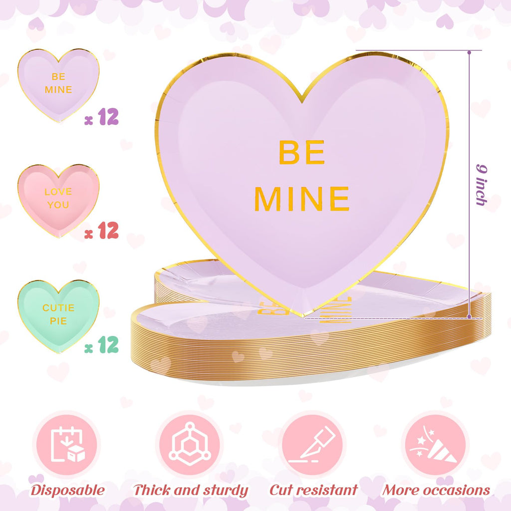 Suclain 36 Pcs Valentine's Day Heart Paper Plates 9 Inch Valentines Conversation Heart Shaped Paper Plates Disposable Candy Tableware Dinnerware for Galentine Party Favors Gifts (Green,Purple,Pink)