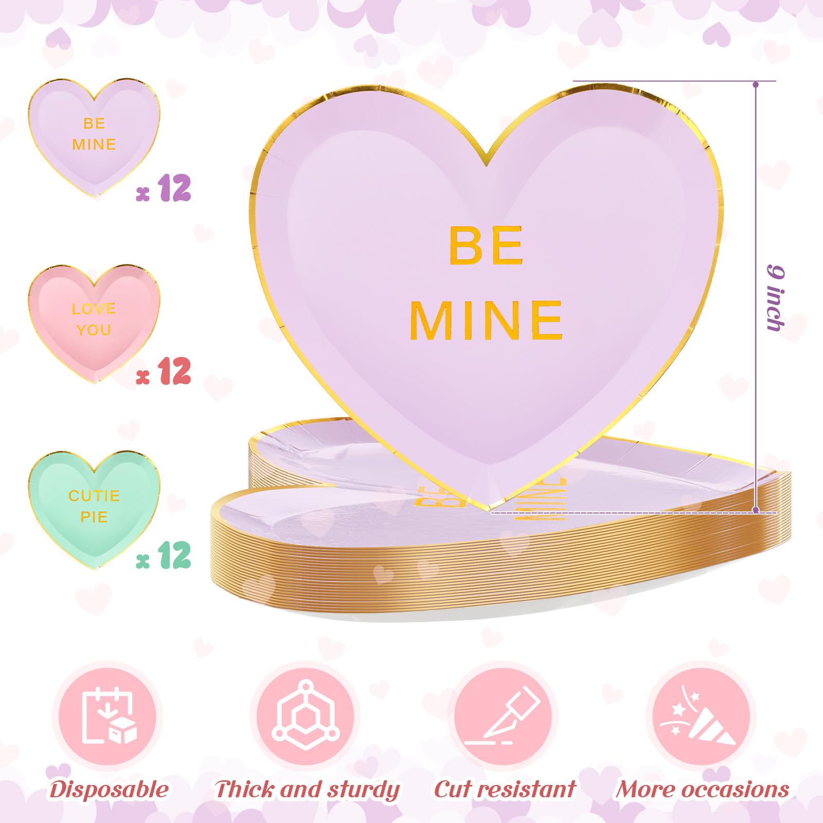 Suclain 36 Pcs Valentine's Day Heart Paper Plates 9 Inch Valentines Conversation Heart Shaped Paper Plates Disposable Candy Tableware Dinnerware for Galentine Party Favors Gifts (Green,Purple,Pink)