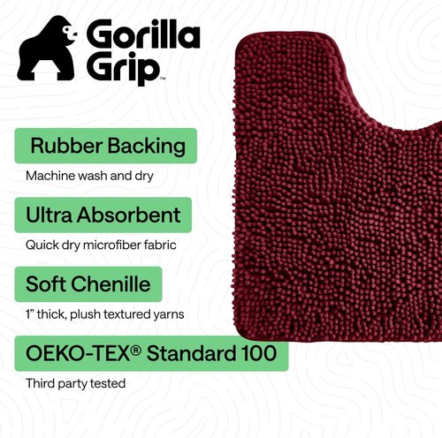 GORILLA GRIP Bath Rug Mat - Plush Absorbent Shaggy Chenille for Oval Toilet Base | Machine Washable, Burgundy