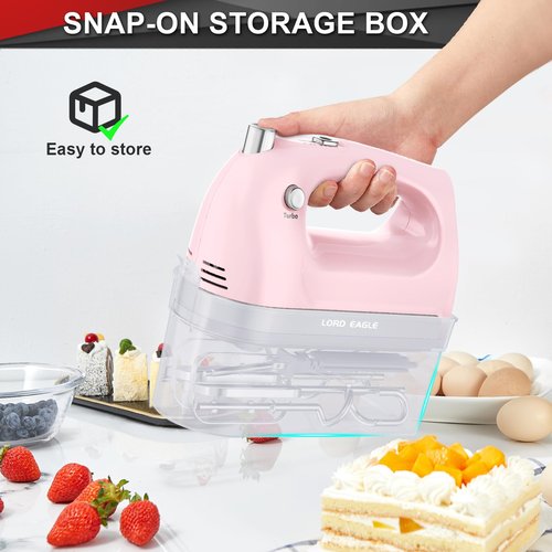 Lord Eagle Hand Mixer Electric Handheld 400W, 5-Speed Lightweight Kitchen Mixer with Storage Case, 5 Stainless Steel Attachments for Baking Cake Egg Cream Food Beater, Turbo+Eject Button, Pink