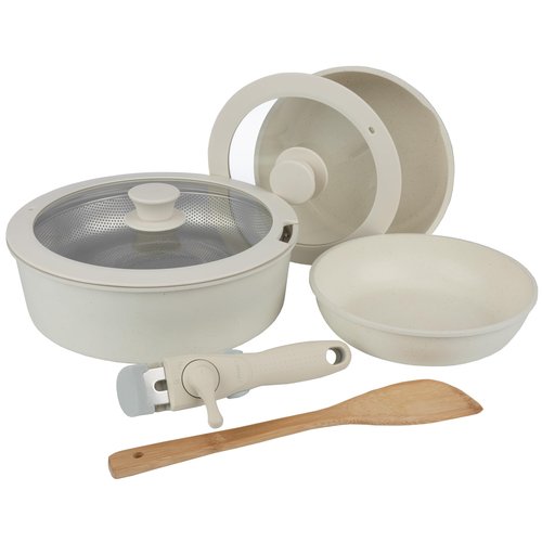 8-Piece Nonstick Induction Ceramic Cookware Set with Detachable Handle, Lids, Spatula & Steam Pan – Kitchen Essentials by Home-Complete (Cream)