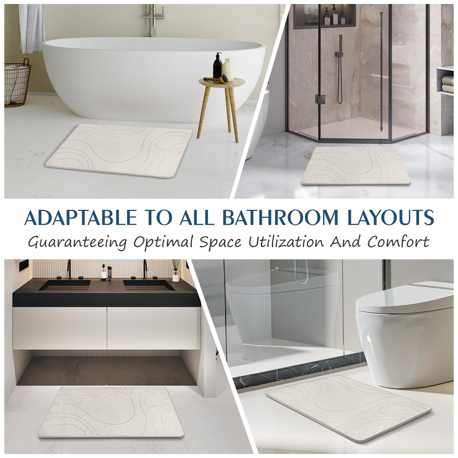 Stone Bath Mat Quick Dry Diatomaceous Earth Bath Mat Non-Slip Shower Stone Bathmat Super Absorbent Water Diatomite Bathroom Floor Pad Elegant,Natural,Esay to Clean (Flow Line-Beige)