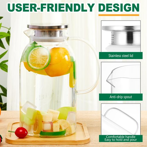 Didaey 4 Pcs 1.5/1.8/2 Liter Glass Pitcher with Lid and Spout Heat Resistant Glass Water Carafe with Handle for Hot/cold Beverages Large juice Jug for Juice Coffee Iced Tea, 51oz, 61oz, 68oz