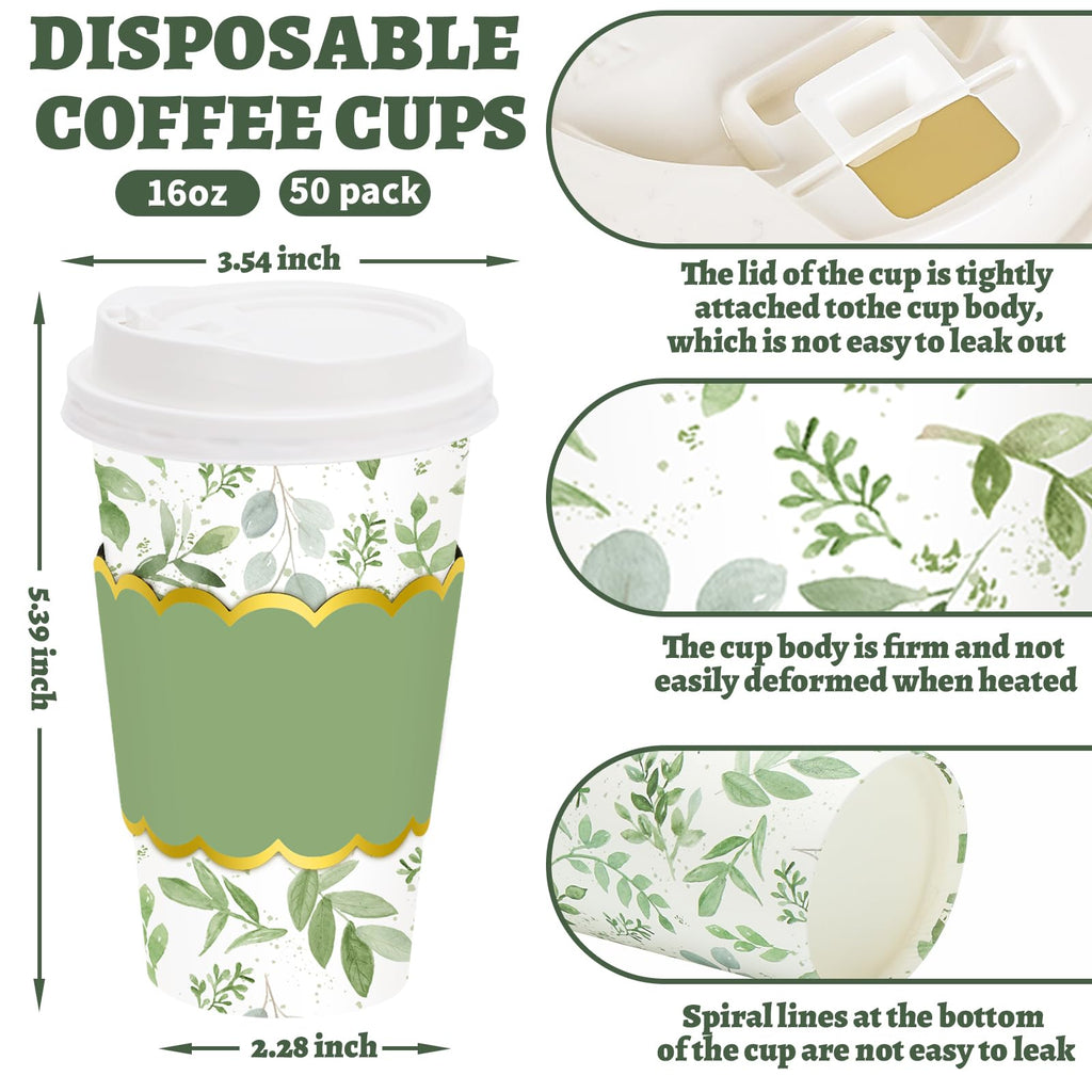 JarThenaAMCS 50 Pcs Greenery Coffee Cups with Lids Sleeves 16 Oz Green Eucalyptus Leaves Paper Cups Disposable To Go Coffee Cup for Wedding Cafes Shops Cappuccino Chocolate Beverage Cocoa