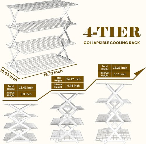 BEWOS 4-Tier Collapsible Cooling Rack - Adjustable Stainless Steel Baking Rack with Leak-Proof Mesh