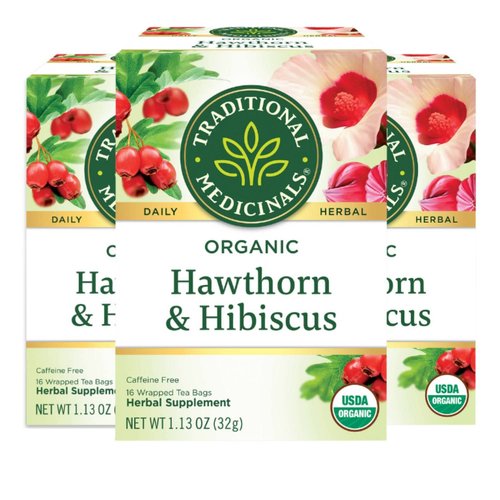 Traditional Medicinals Organic Hawthorn & Hibiscus Herbal Tea, Promotes Heart Health, (Pack of 3) 48 Tea Bags Total