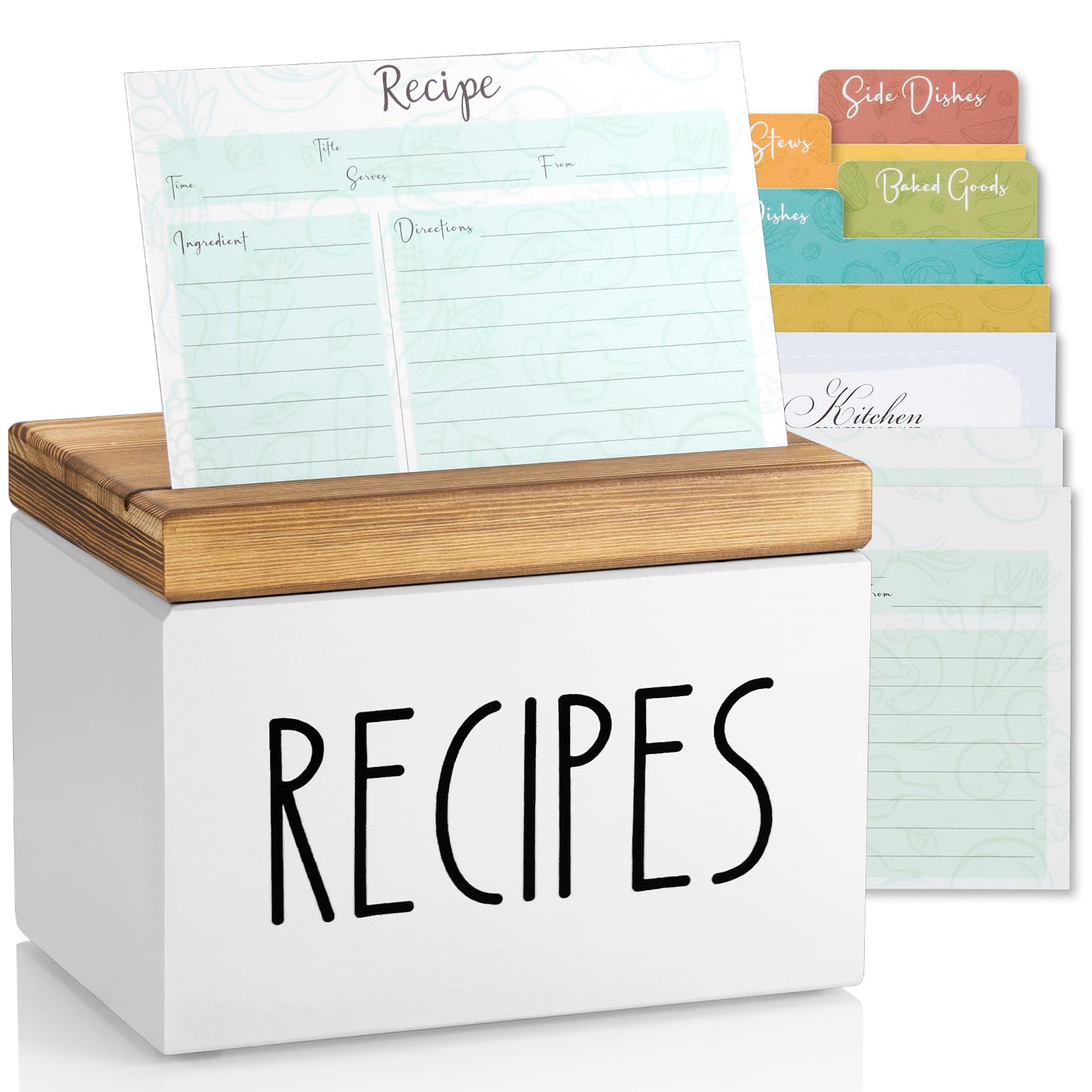 BWODYAY Recipe Box, Wood Recipe Card Box Set, Recipe Box with 100 Cards and 6 Dividers,4x6 Recipe Organizer, Recipe Card Holder, White