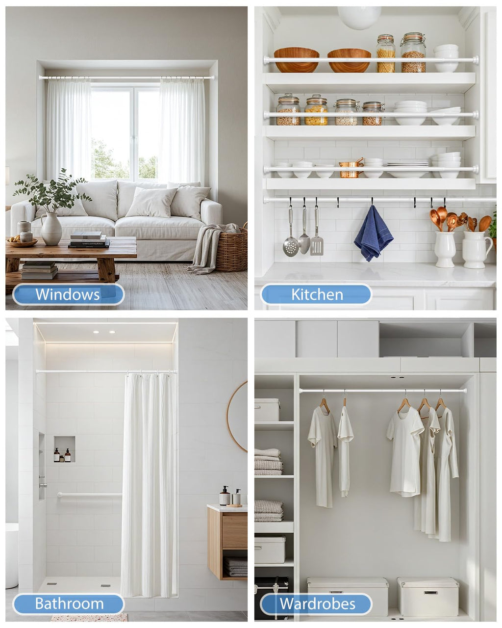 Spring Tension Curtain Rod 30 to 63Inch, White Tension Rod Adjustable Curtain Rods No Drilling Expandable Pressure Curtain Rod Tension Rods for Windows,Doorway,Bathroom,Closet