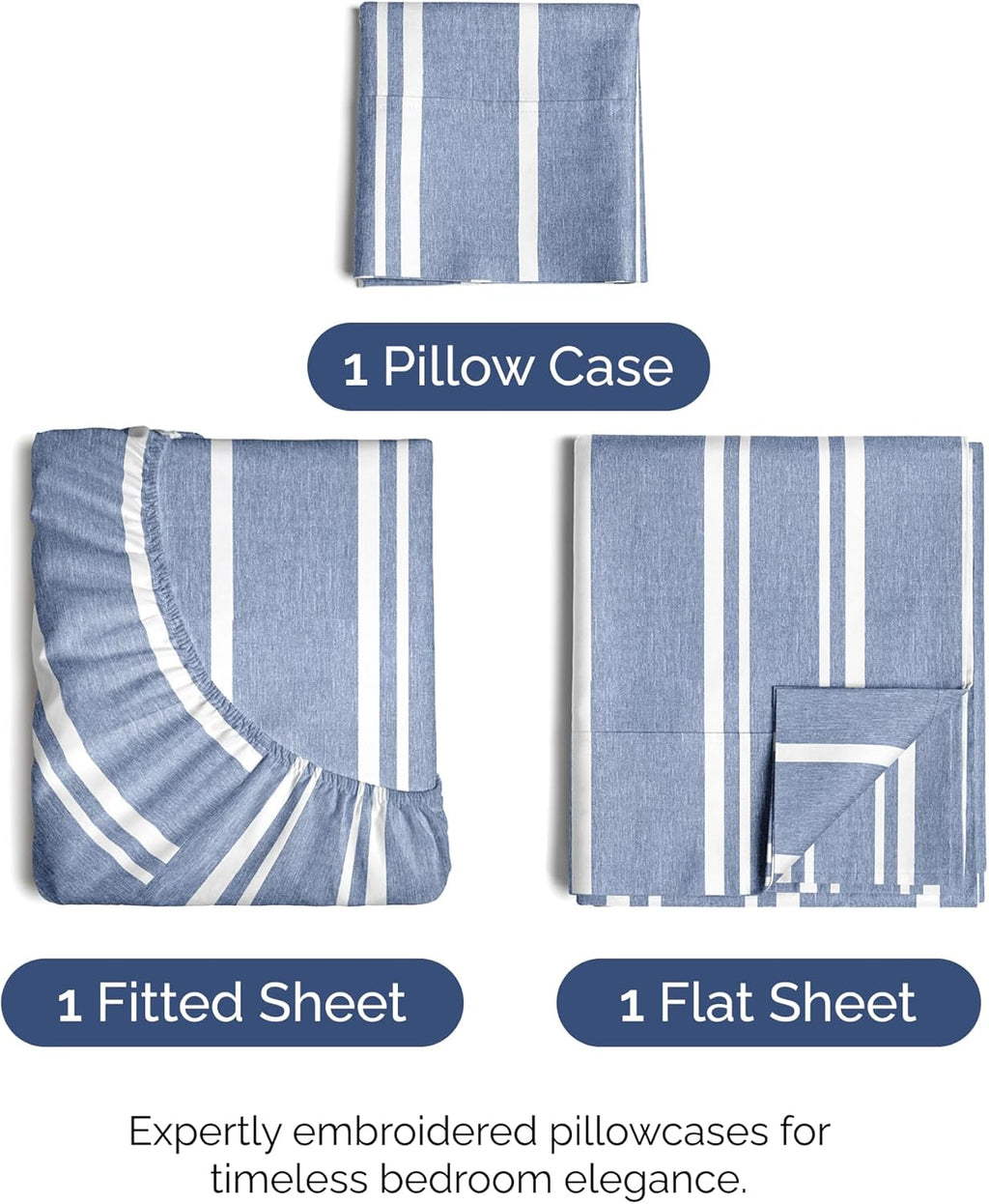 Skiennix Twin Size Sheet Set - Comfy Cooling Bed Sheets with Deep Pockets - Luxury Blue Stripes