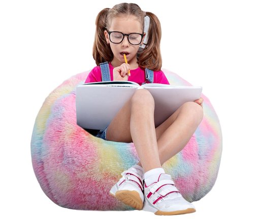 Fluffy Bean Bag Chair for Kids, 2.5FT Round Memory Foam Filled Bean Bag for Teens & Kids, Ultra Soft Faux Fur Fabric Bean Bag Chairs for Playroom, Living Room, Bedroom, Rainbow