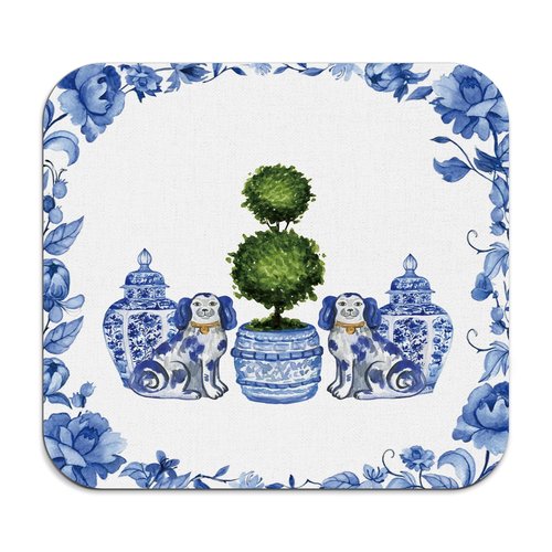 Veqzc Chinoiserie Dish Drying Mat - Blue And White Porcelain Dish Drying Mat,Chinoiserie Dog Drying Mat For Kitchen Counter,Coffee Bar Mat,Vintage Chinoiserie Drying Mat,16x17.5 Inch