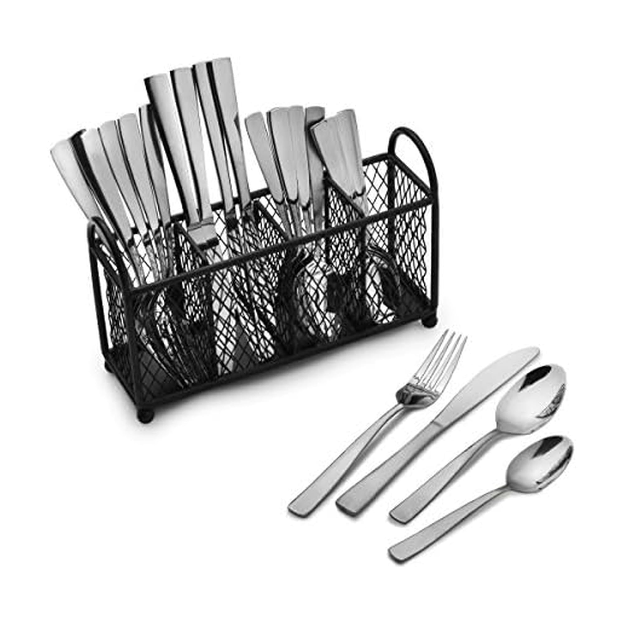 Pfaltzgraff Satin Danford 24-Piece Stainless Steel Flatware Set with Metal Wire Storage Caddy, Service for 6