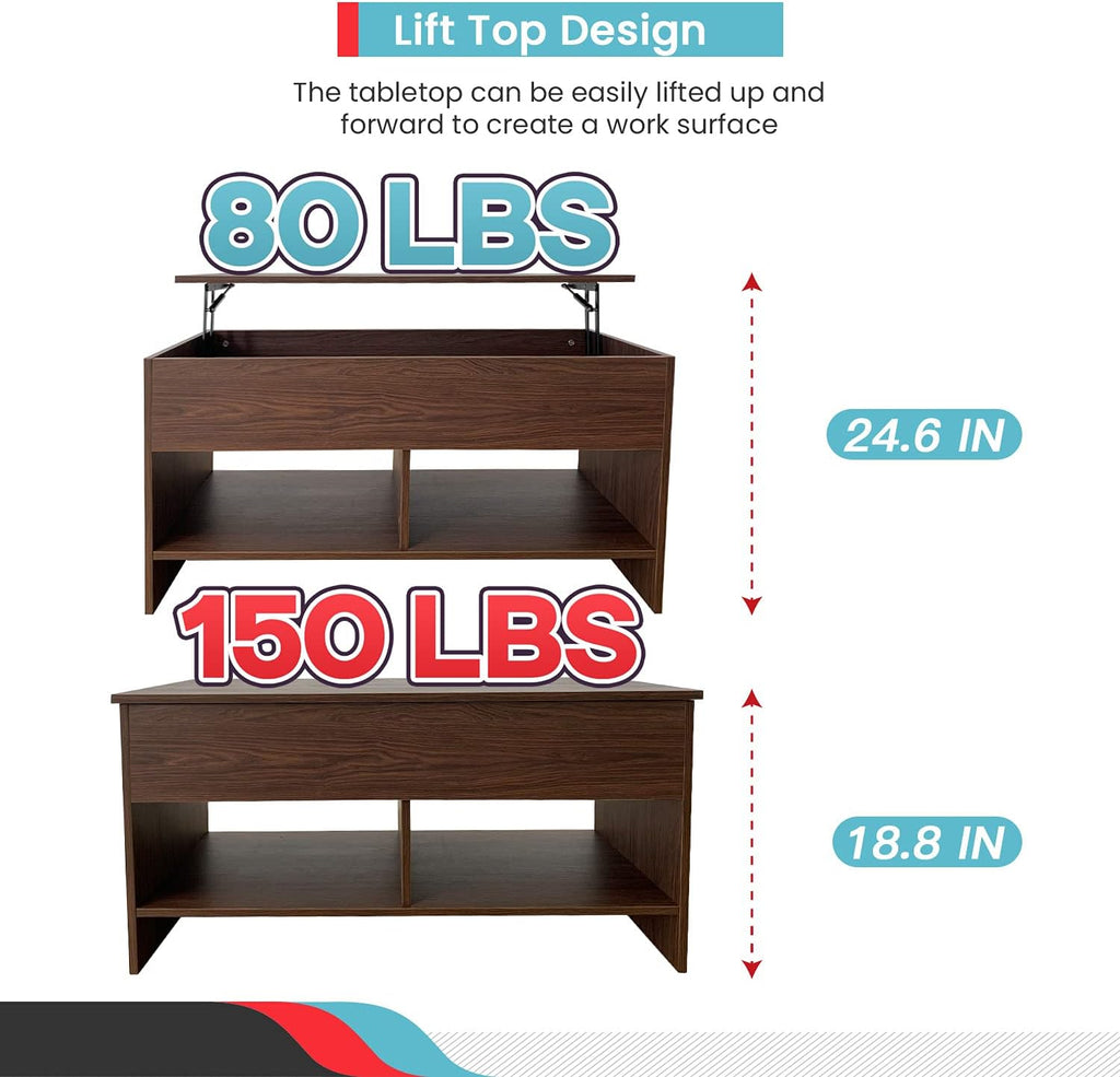 Skiennix Lift Top Coffee Table - Modern Pop-Up Design with Hidden Compartment & Storage Shelf | Brown