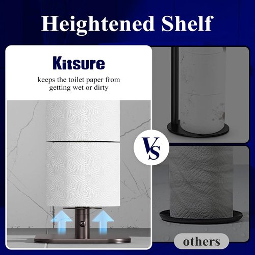 Kitsure Free Standing Toilet Paper Holder - Rustproof Metal Stand for 4 Rolls with Anti-Slip Base & Shelf, Medium Brown