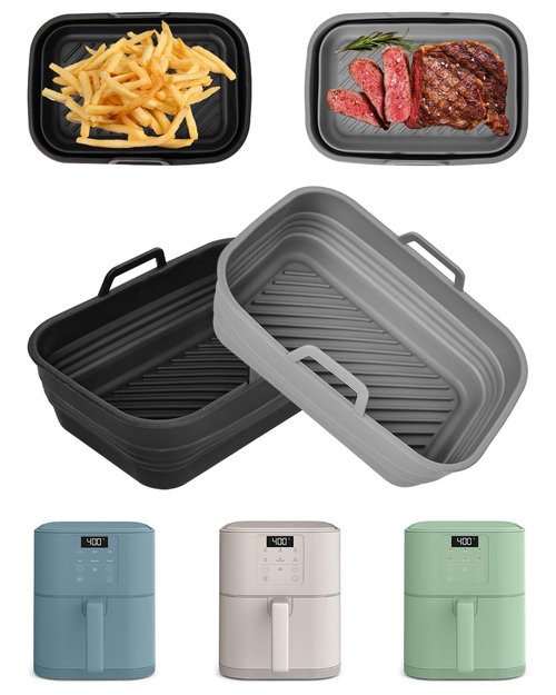 Air Fryer Silicone Liners Collapsible 2-Pack for bella 6Qt(5lb) Slim Air Fryer, Reusable Airfryer Silicone Pot Baking Basket Insert Accessories, Non Stick, Easy Cleaning, Gray+Black