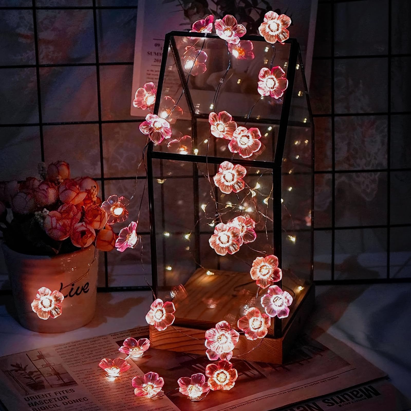 Keretuby Pink Fairy Cherry Blossom Flower String Lights for Bedroom, USB Plug in and Battery Operated 13ft 40 LED Cute Indoor Outdoor Hanging Decorations for Birthday Wedding Party Christmas Easter