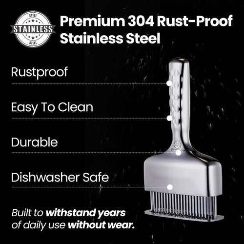 Meat Tenderizer Tool – Hassle Free Extra Long Handle, Rustproof One-Piece Meat Tenderizer Mallet & Hammer, Stainless Steel Blade Needle, Steak Cooking Accessories, No Assembly Needed, 5-Year Warranty
