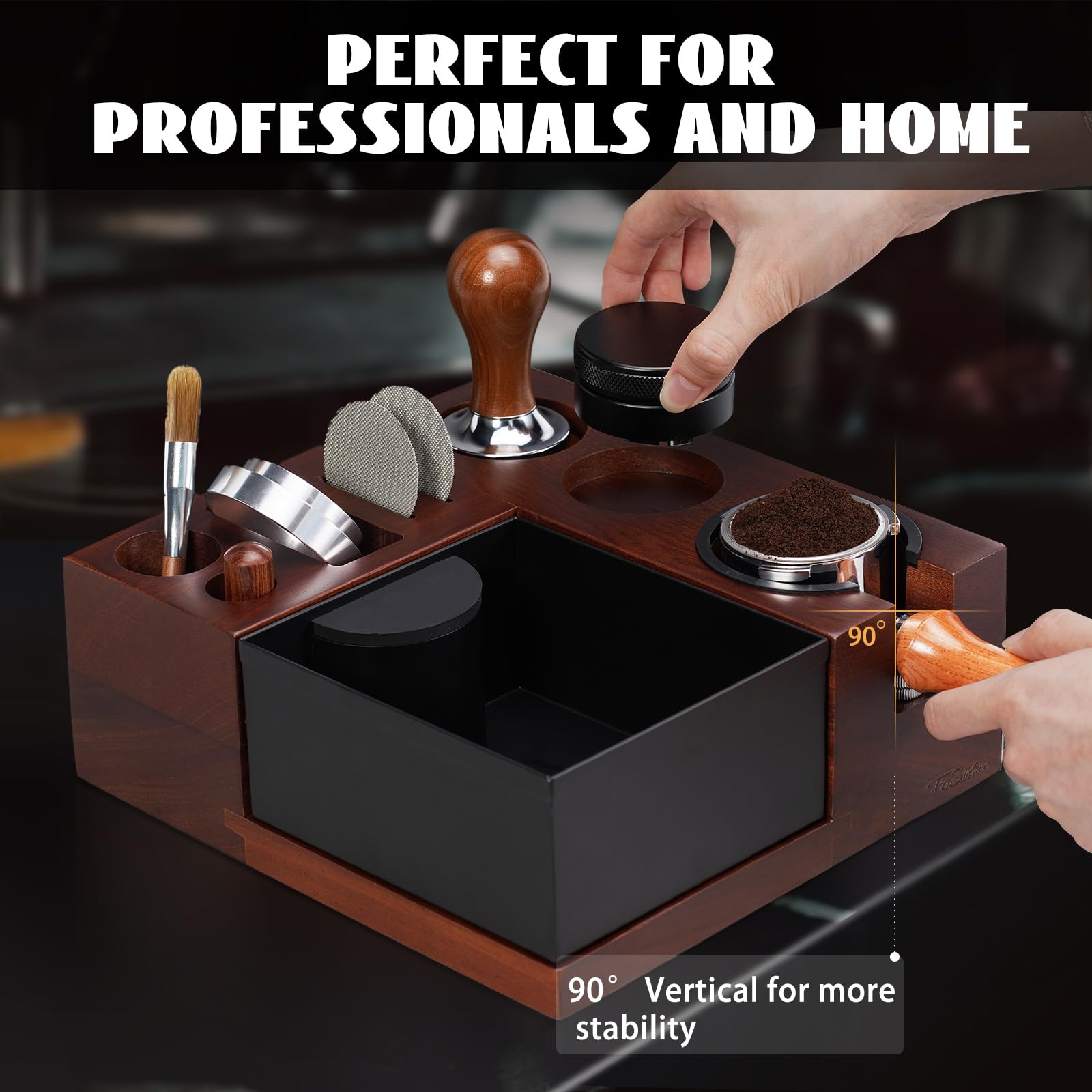 FOSINSEE Espresso Knock Box, Walnut Tamping Station, 9 in 1 Coffee Organizer Box Fit for 51mm 54mm 58mm, Coffee Distributor & Portafilter, Espresso Accessories Kit