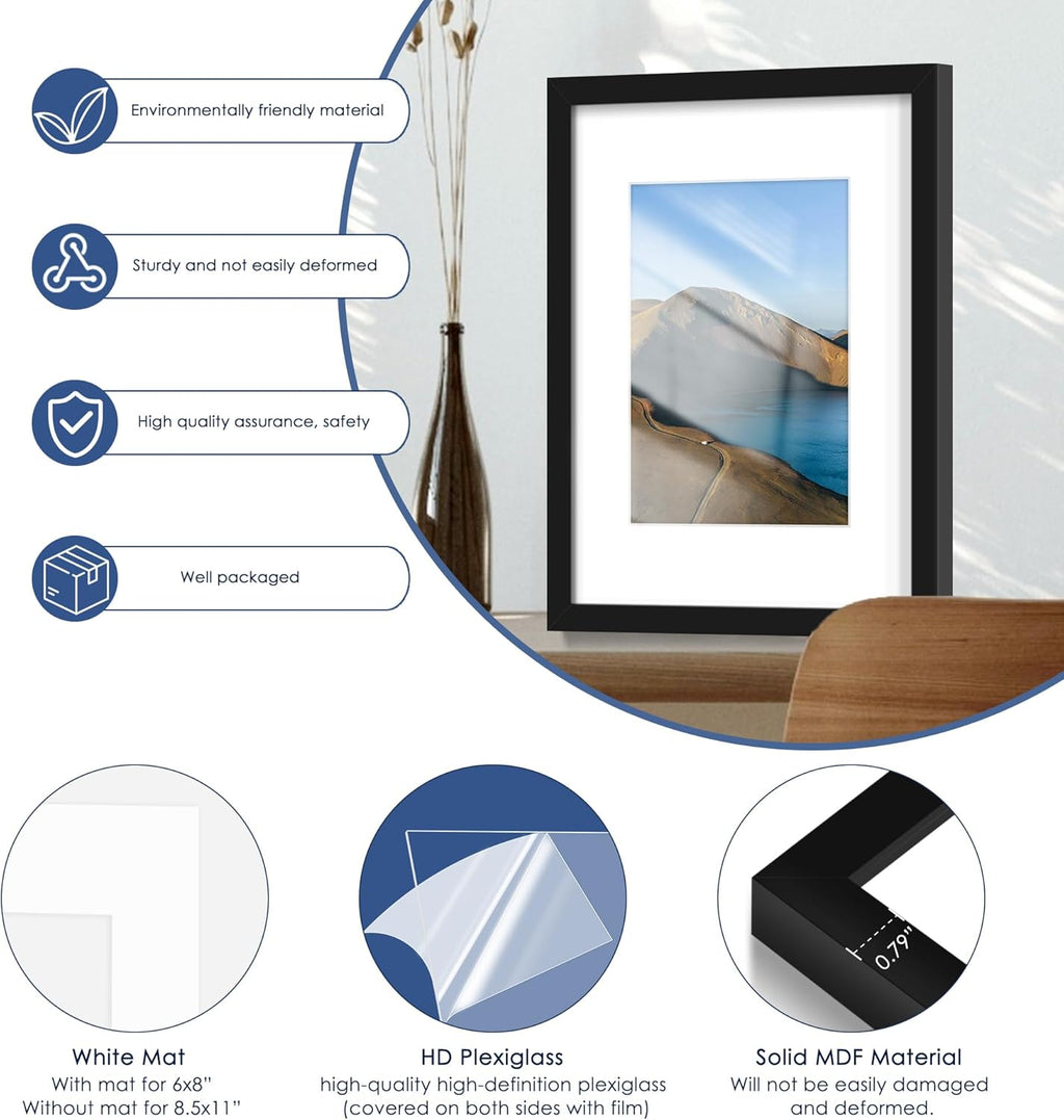 PEALSN 12x16 Picture Frame Set of 6 - Versatile Wall Mounting for 8.5x11 Photos, Black