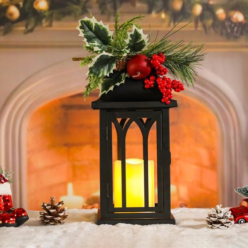 Bdor Christmas Lanterns - Set of 2 Black Decorative Candle Lanterns with LED Flameless Candle | 15" Tall Holiday Decor