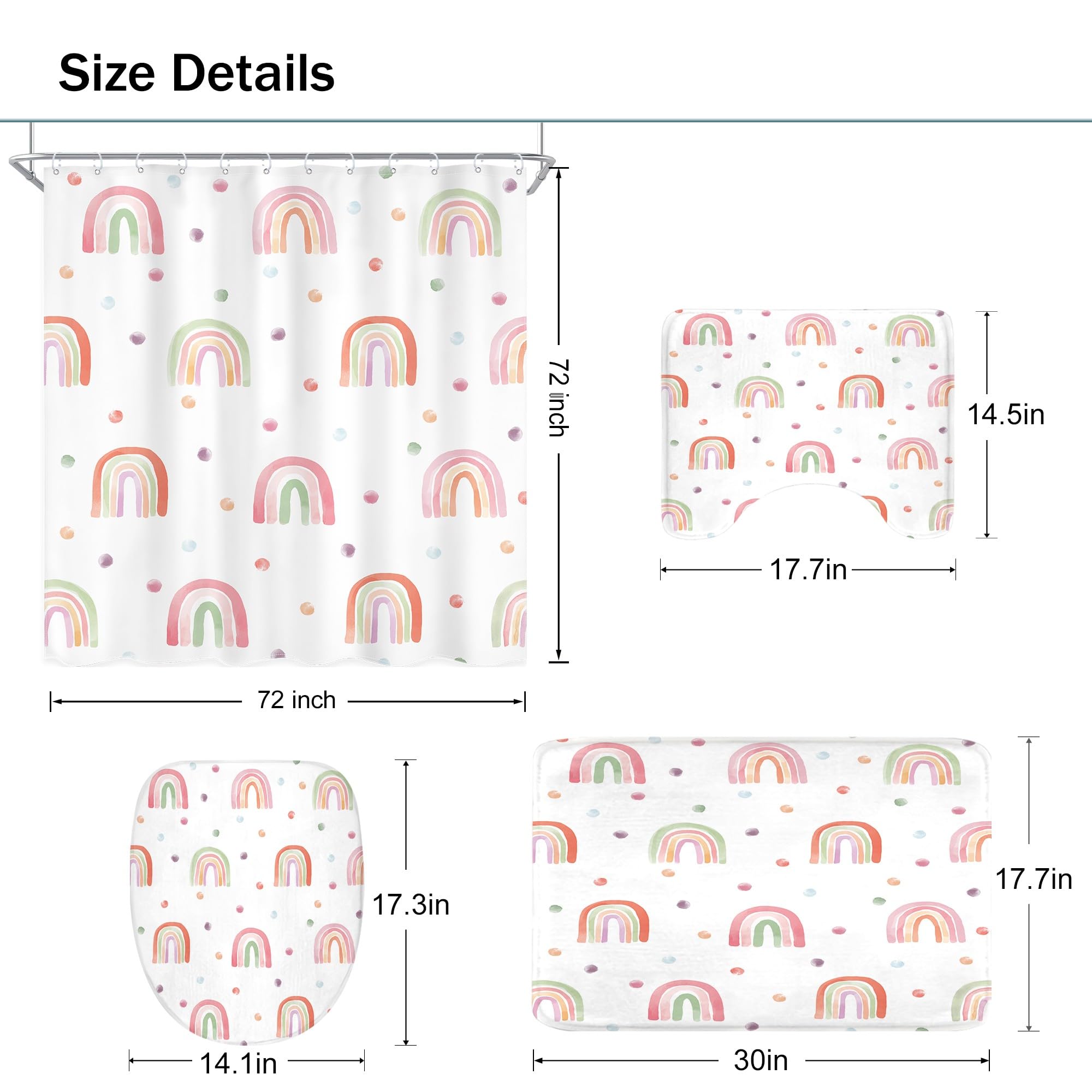 Ufeela 4 PCS Kids Girls Rainbow Shower Curtain Set 72Wx72H Inch, Bathroom Rug, Toilet Lid Cover, U Shape Mat, Boho Cute Pink Bathroom Set Nonslip Quick Dry Dirt Resistant Accessories Bathroom Decors