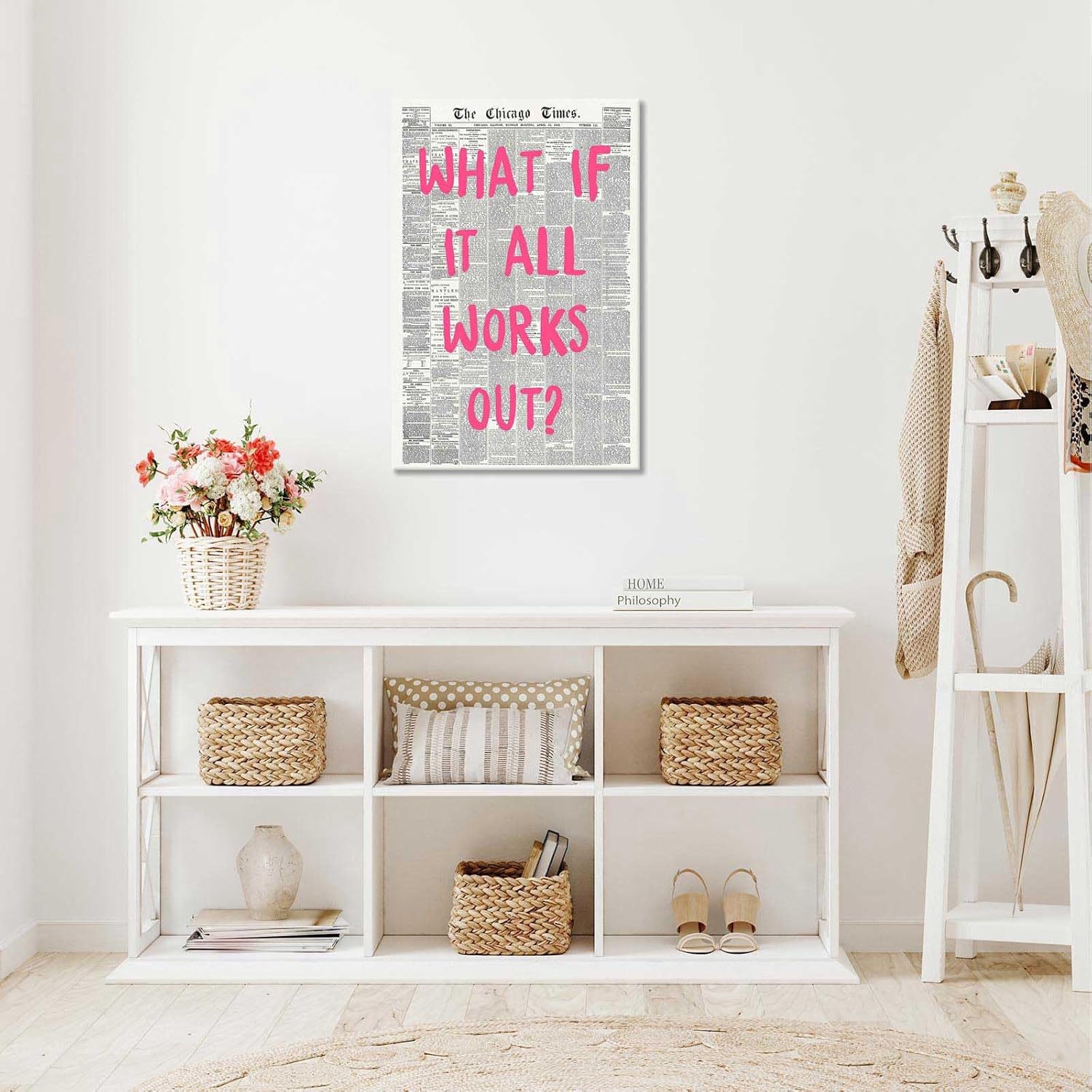 Retro Newspaper Poster by What If It All Works Out - Pink Font Canvas Wall Art | Positive Affirmation Decor 24x36in
