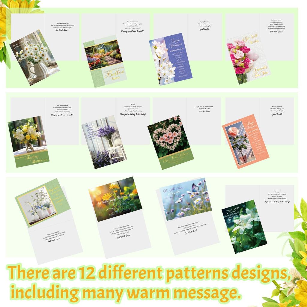 Motiskyy 24 Pack Christian Get Well Cards with Envelopes and Stickers Religious Get Well Greeting Cards Bulk with Scripture Encouragement Blessing 4.5 x 6.2 Inch (Nature Flower)