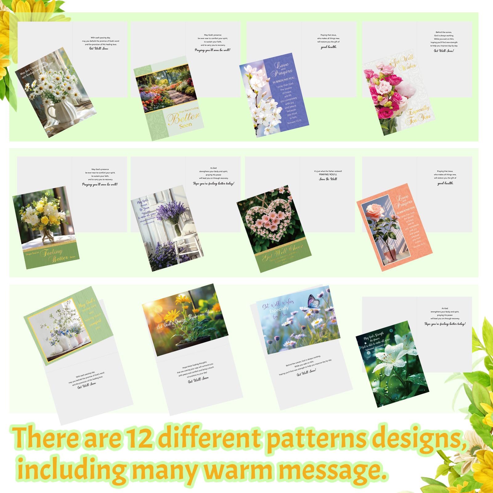 Motiskyy 24 Pack Christian Get Well Cards with Envelopes and Stickers Religious Get Well Greeting Cards Bulk with Scripture Encouragement Blessing 4.5 x 6.2 Inch (Nature Flower)