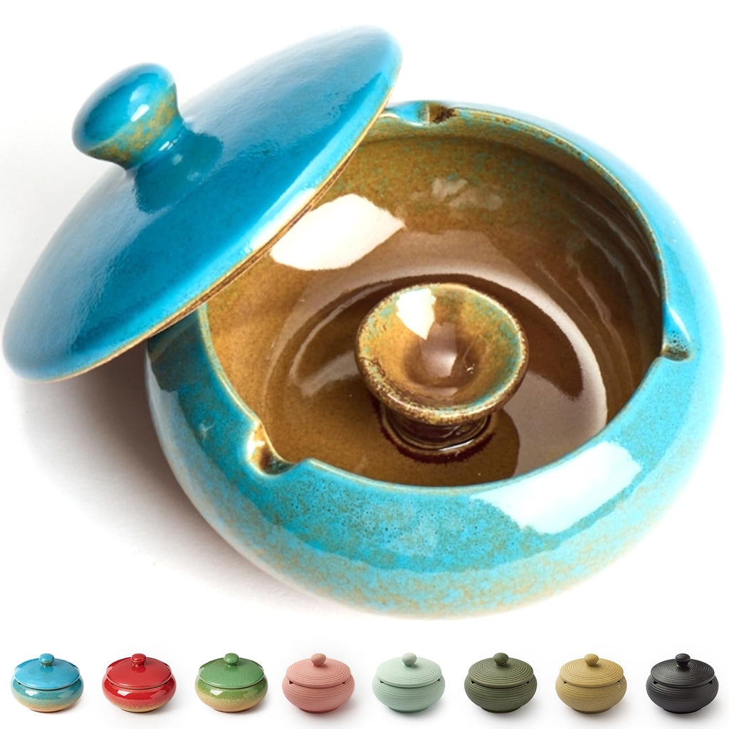 Ashtray with Lid for Outside Patio, Windproof Ash tray, Ceramic Smokeless Ashtray for Outdoor Home Office Tabletop Patio Outdoor Balcony, Blue