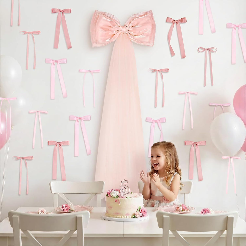 Skiennix 13Pcs Large Pink Pearl Silk Satin Bow Set - 17x55 Inch Giant Bow & 12 Small Satin Bows for DIY Decor
