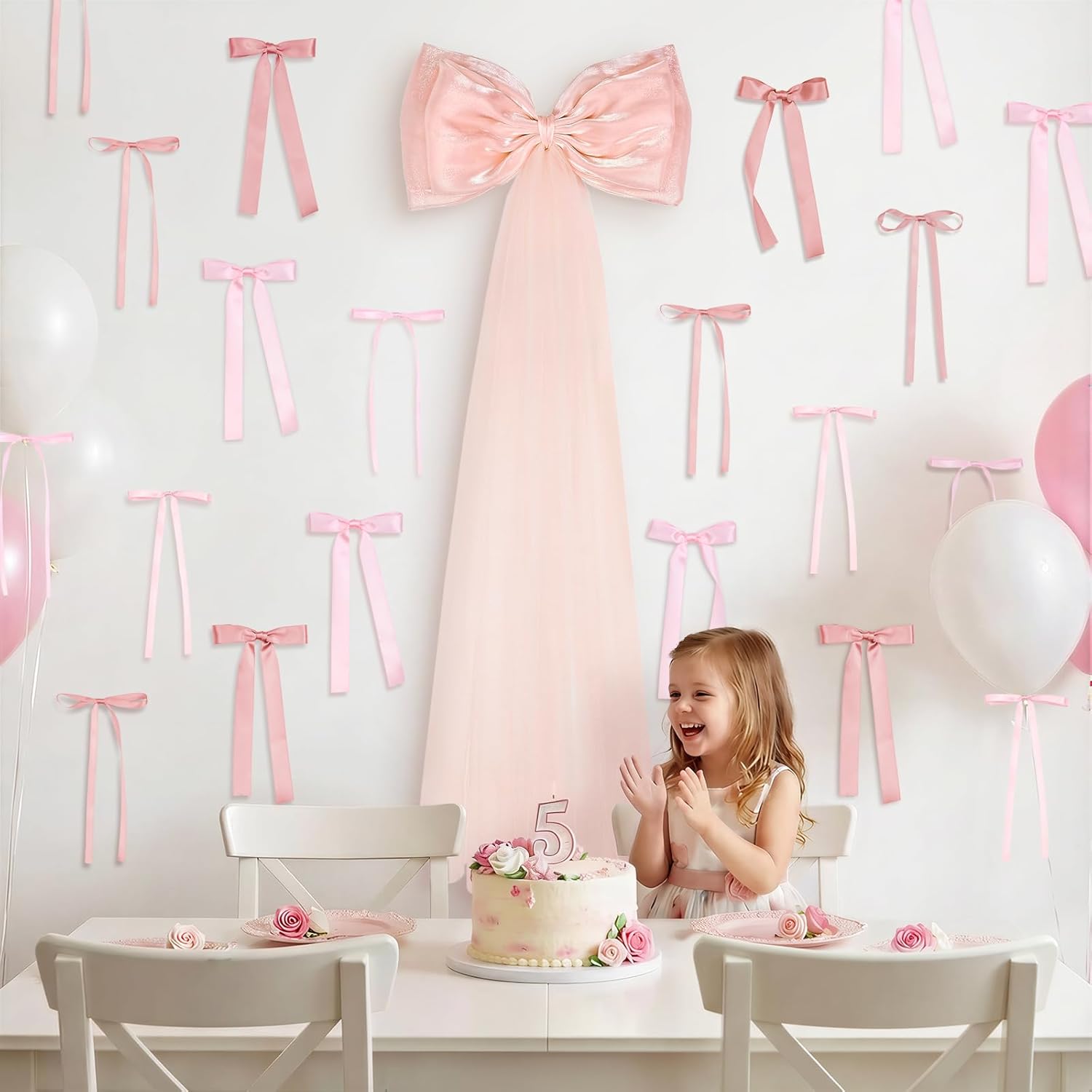 Skiennix 13Pcs Large Pink Pearl Silk Satin Bow Set - 17x55 Inch Giant Bow & 12 Small Satin Bows for DIY Decor
