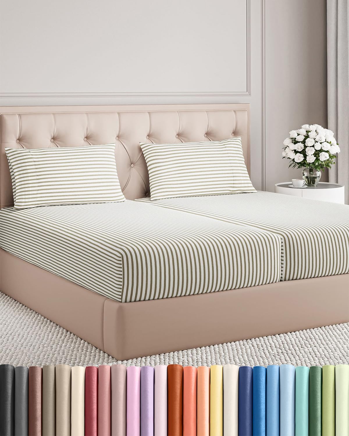 Split King Size 5-Piece Sheet Set - Comfy Cooling Bed Sheets | Luxury Hotel Quality - Soft, Wrinkle-Free Beige Stripes