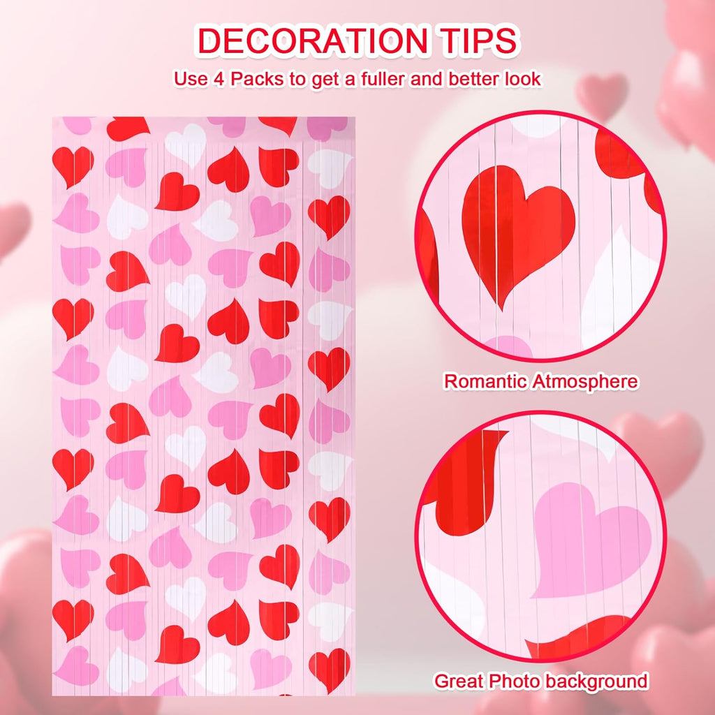 Mega-L Birthday Party Decorations - 2 Pack Red, Pink & White Heart Foil Fringe Curtains | 3.3x6.6 ft Tinsel Backdrop