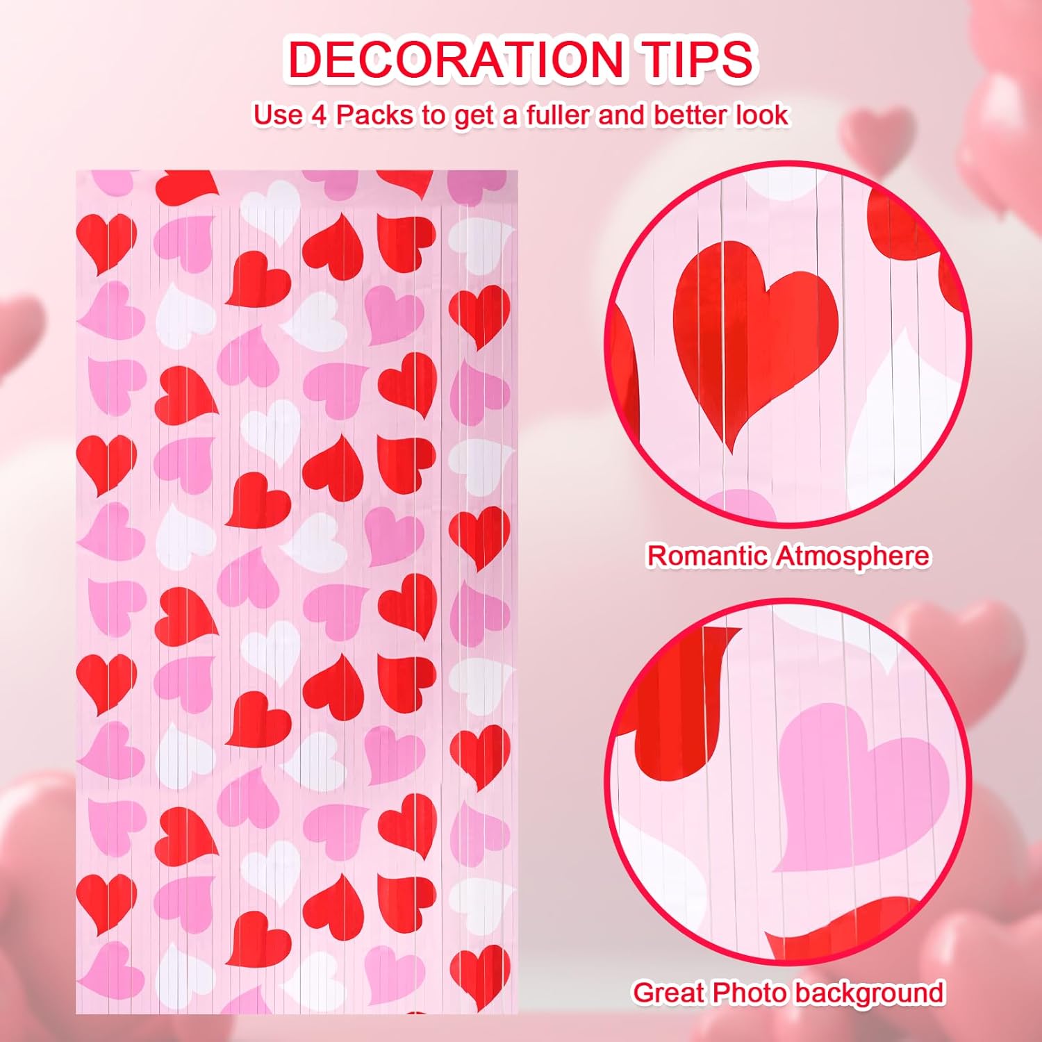 Mega-L Birthday Party Decorations - 2 Pack Red, Pink & White Heart Foil Fringe Curtains | 3.3x6.6 ft Tinsel Backdrop