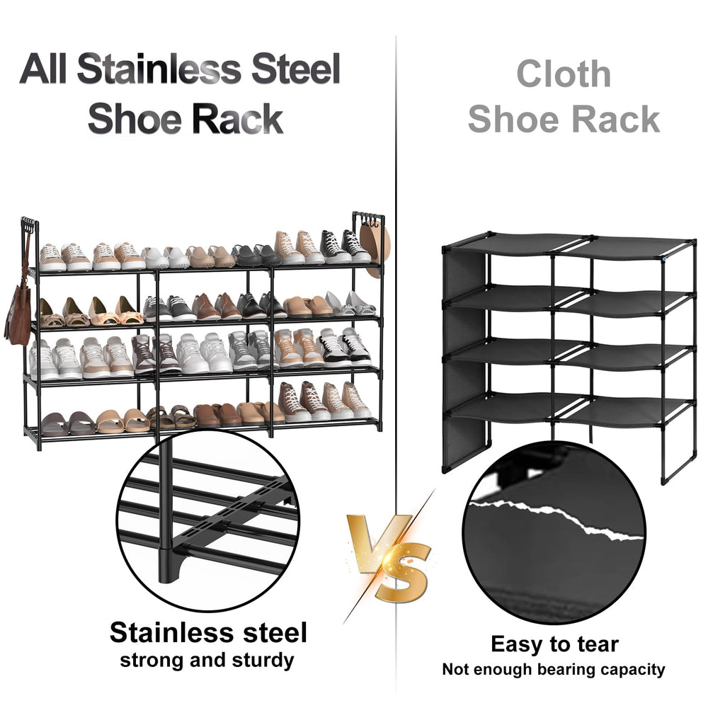 DYJIEKAI 3 Row 4 Tier Long Shoe Rack, Black Metal Stackable Shoe Shelf with Multifunctional Hooks, Shoe Storage Hold 24-30 Pairs, Space Saving Shoe Organizer for Closet,Wide Shoe Rack