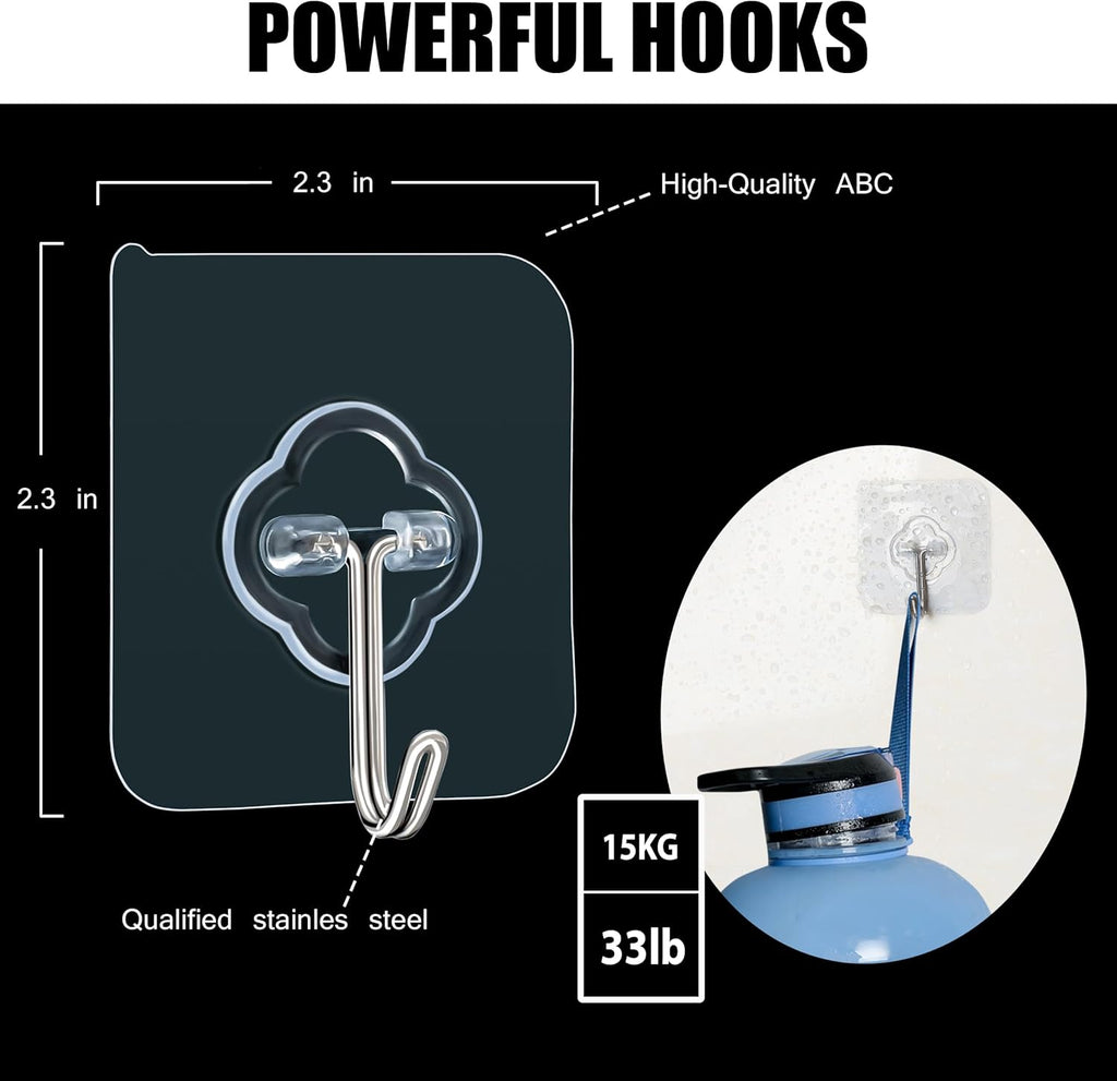 Skiennix Adhesive Hooks - 32 Pack, 33lb Max Capacity, Transparent & Reusable Wall Hooks for Home & Outdoor Use