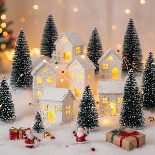 Kajaia Christmas Winter Village Set - 12 Houses & Trees with LED Lights | Cute White Figurines