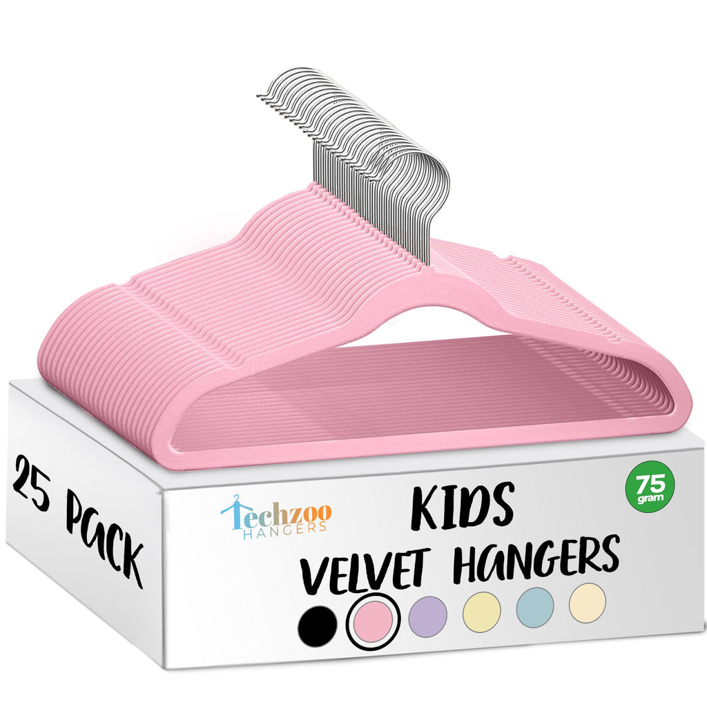 TechZoo 25 Premium Kids Velvet Hangers - 14" Non-Slip Clothes Hangers for Kids & Preteens - Ultra Slim, Space-Saving, Strong & Durable Hangers with 360° Swivel Hook - Pink