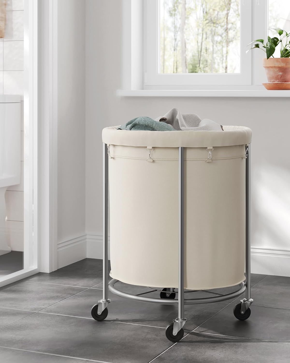 SONGMICS Rolling Laundry Basket - 50.2-Gallon Heavy-Duty Hamper Cart with Steel Frame & Locking Wheels - Cream White & Metallic Silver