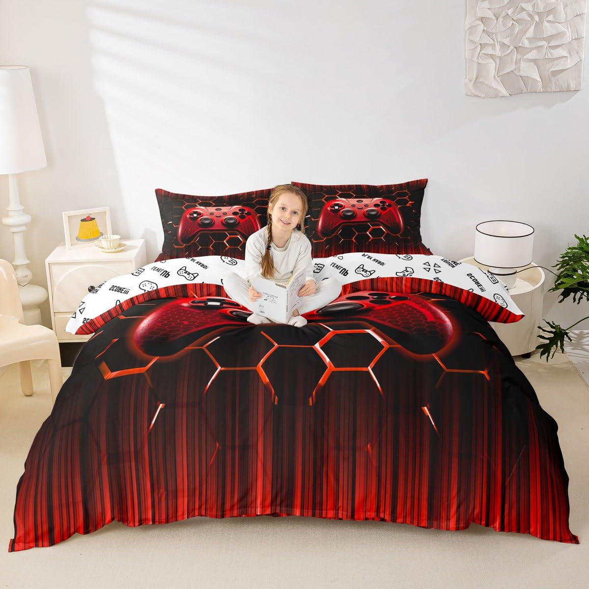 Manfei Kids Gaming Duvet Cover Set Full Size, Red Geometric Gamepad Bedding Set 3pcs for Boys Girls Game, Modern Gamer Comforter Cover Videogames Reversible Quilt Cover with 2 Pillowcases,No Comforter
