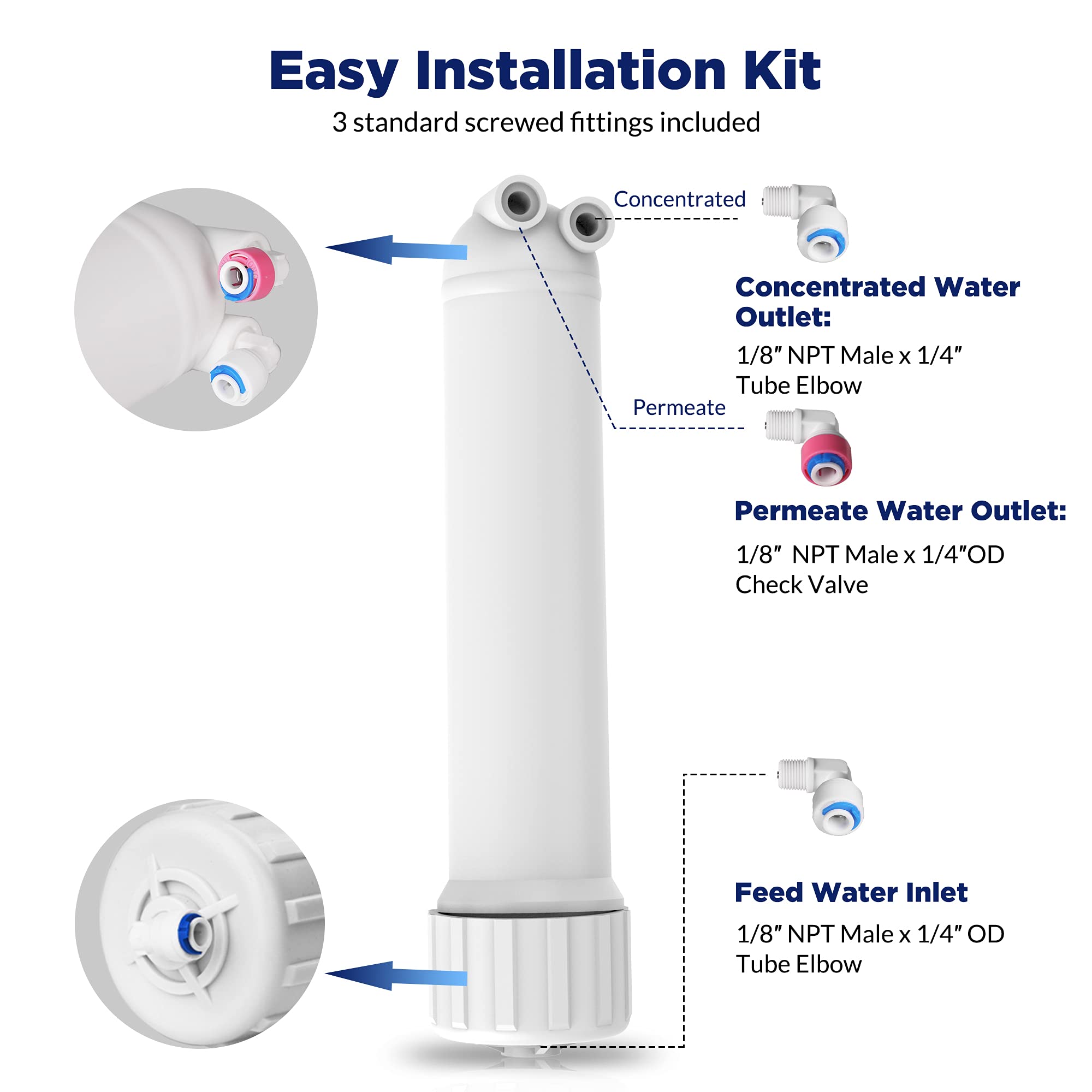 Membrane Solutions 150 GPD RO Membrane, Reverse Osmosis Membrane with Membrane Housing, Replacement for Under Sink Home Drinking RO Water Filter System, Wrench, 1/4" Quick-Connect Fittings,Check Valve