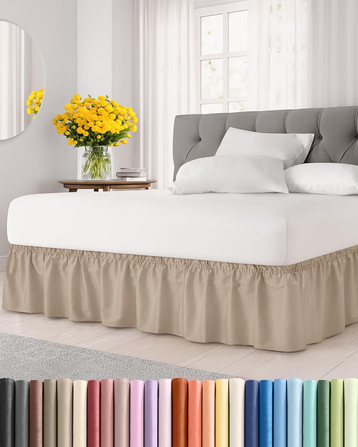 Wrap Around Dust Ruffle Bed Skirt - Cream - for Queen Size Beds w/ 14 Inch Drop - Easy Fit Elastic Strap - Adjustable Pleated Bedskirt w/Brushed Fabric, Wrinkle & Fade Free Women, Men, Kids & Teens