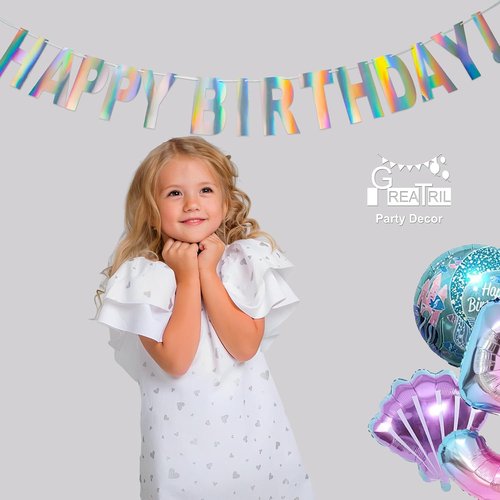GREATRIL Holographic Happy Birthday Banner - Pre-Strung Iridescent Party Decoration | Colorful Bunting Sign